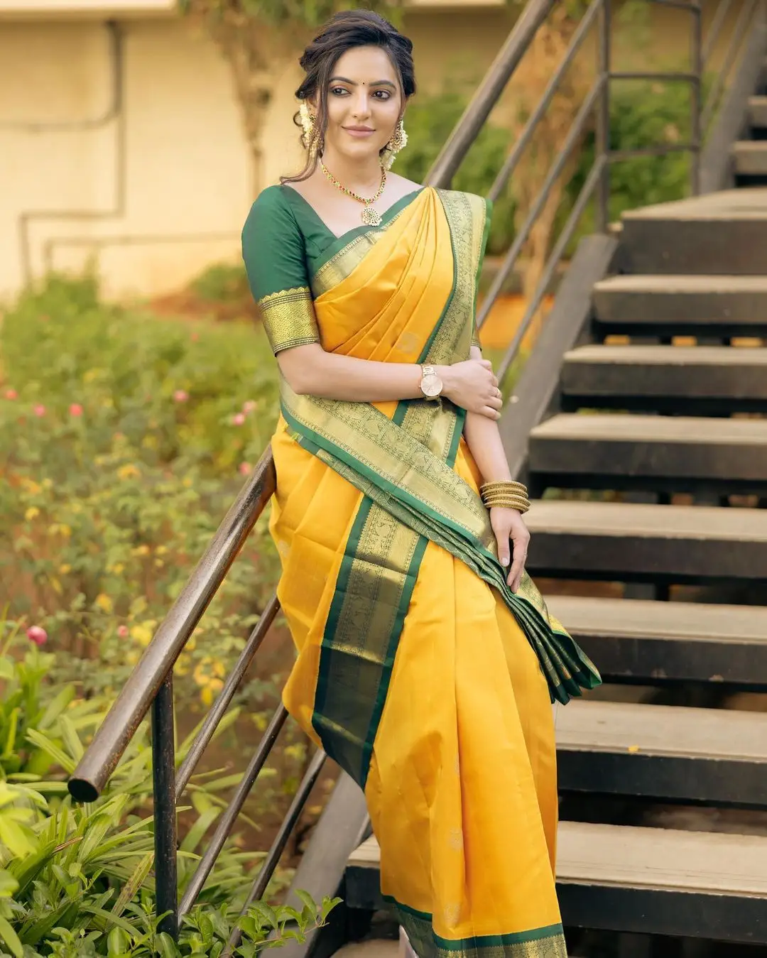 Athulya Ravi in Beautiful Earrings Jewellery Yellow Designer Saree Green Blouse